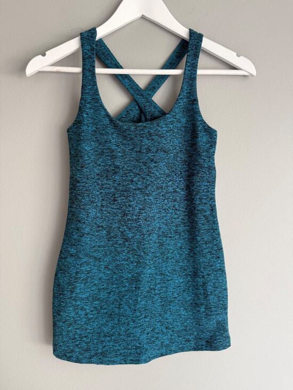 Beyond Yoga Women Tank Top Size M Teal Blue Heather Cross Back Cutout USA